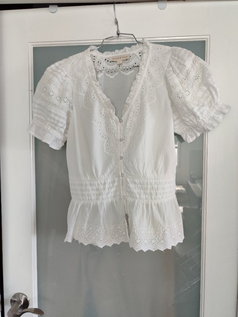 Jennifer & Grace 100 % Cotton White Eyelet Embroidered Peplum Blouse Size S